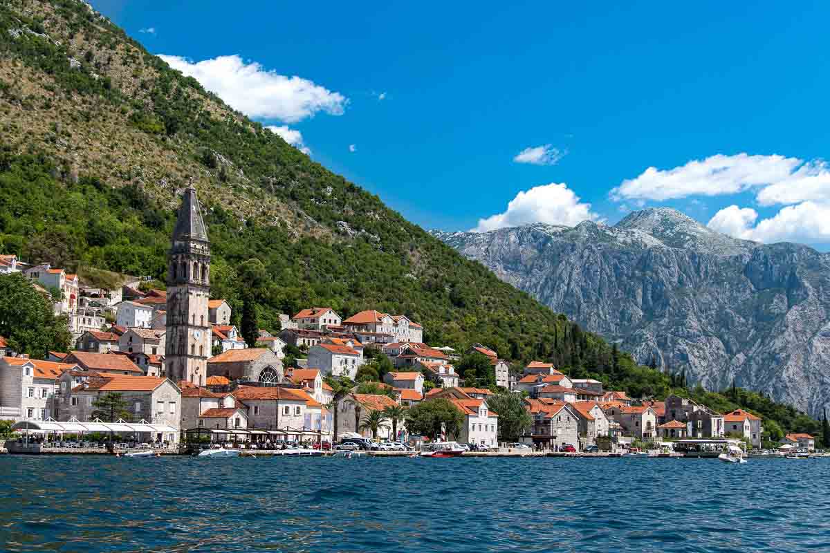 Iconial panorama of town of Perast, one of the most beautiful places in Boka bay. The view is dominated by old houses and churches.